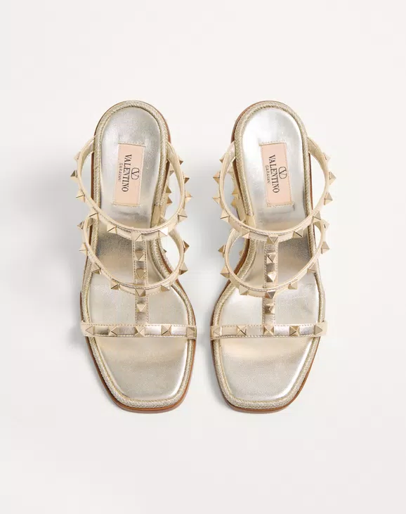 Valentino Rockstud Wedge Sandal In Laminated Nappa With Cornely Embroidery 100Mm - Image 6